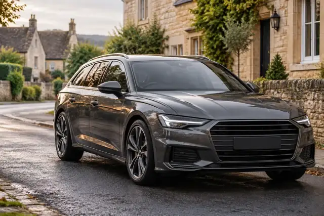 A graphite estate car on a quiet British lane; illustrative motoring photograph